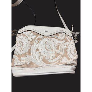 B.O.C White Floral‎ Embossed Crossbody Bag  Adjustable Strap Pockets tooled look